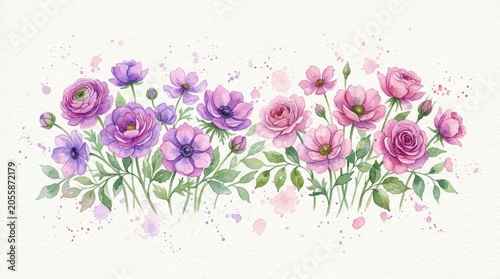Watercolor illustration group purple pink flowers lupine in and hues with green