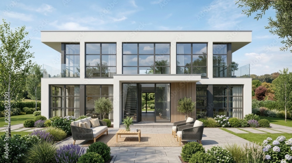 Fototapeta premium 3D rendering modern two-story building office with expansive glass facade and contemporary architectural