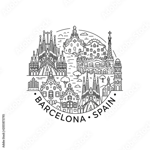 Barcelona Skyline Line Art: Sagrada Familia, Casa Batllo, Gothic Quarter Landmarks