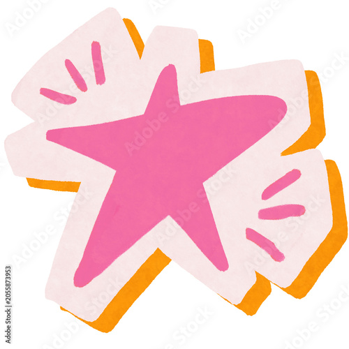 Cute pink five point star sticker badge with orange burst lines and thick paper cutout shadow