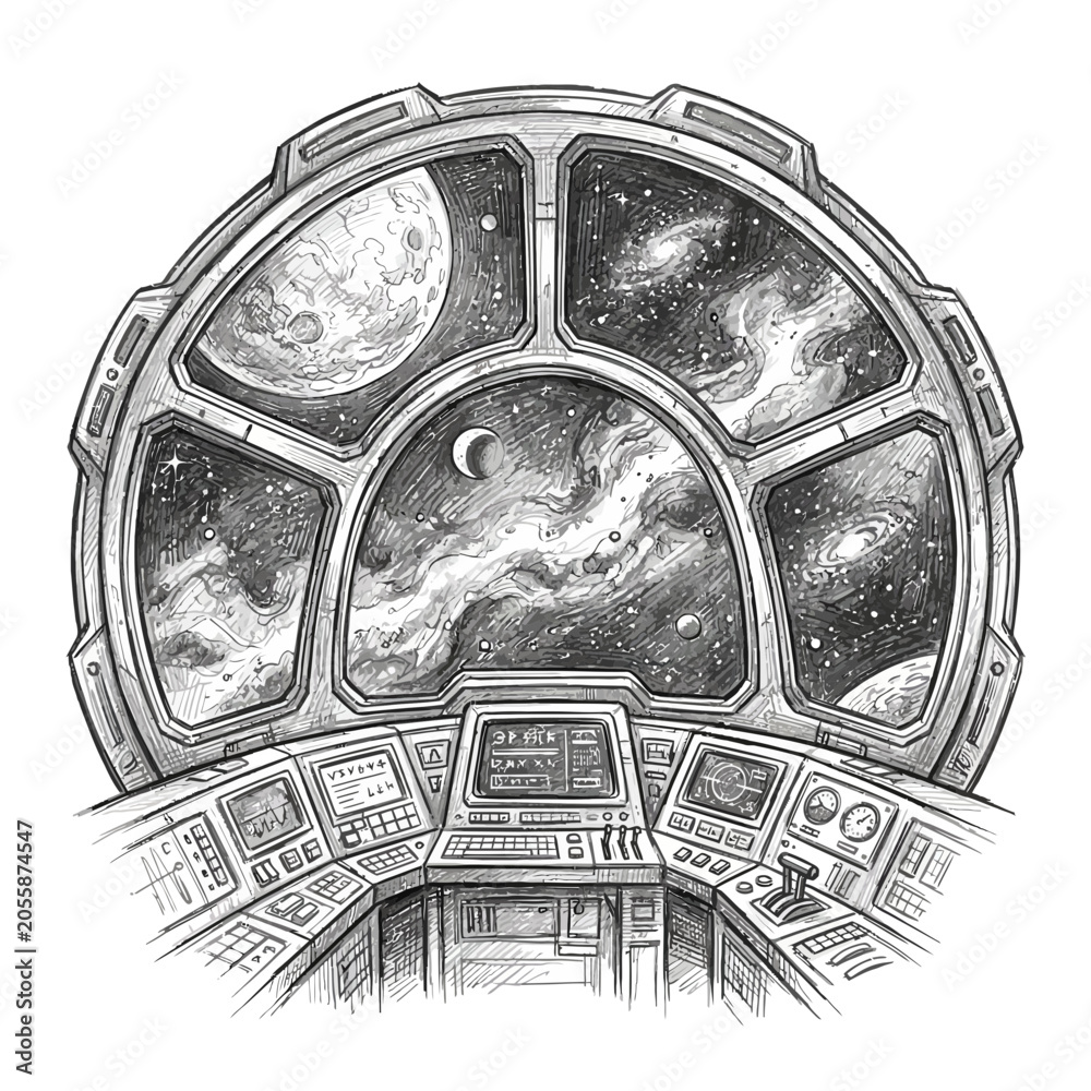 Obraz premium Spacecraft cockpit view with planets, stars and galaxy.