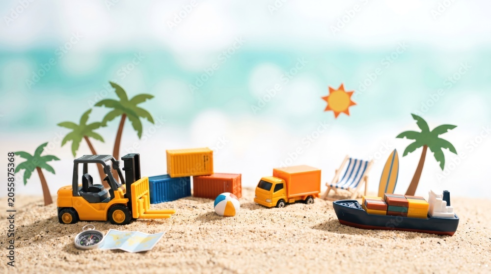 Obraz premium Miniature logistics supply chain concept on tropical beach with forklift truck cargo ship and containers representing summer shipping and global trade vacation