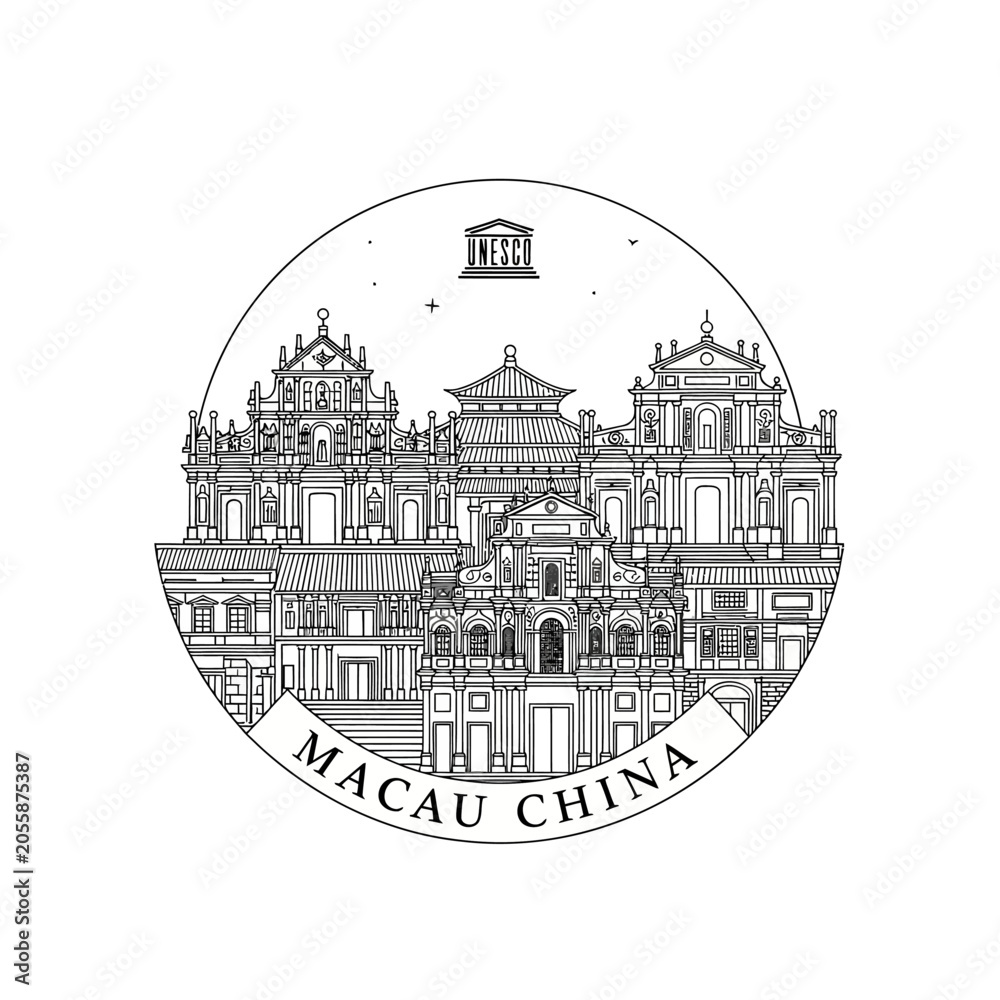 Obraz premium Macau China Landmark Skyline Outline Illustration in Circle