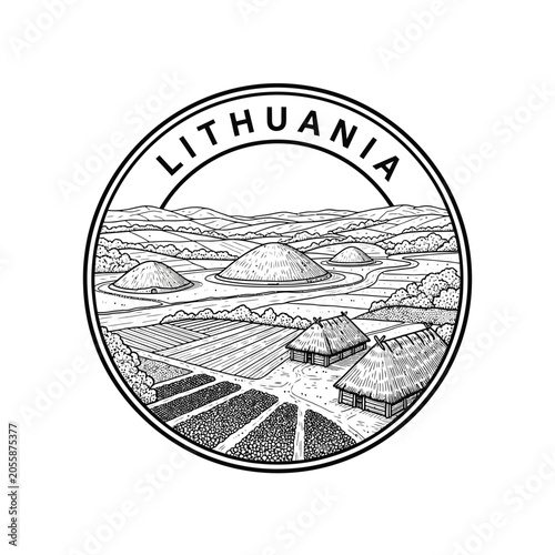 Lithuania traditional village illustration, rural landscape, historical architecture, agricultural fields