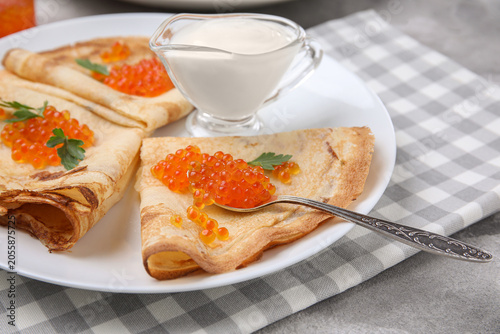 Delicious pancakes with red...