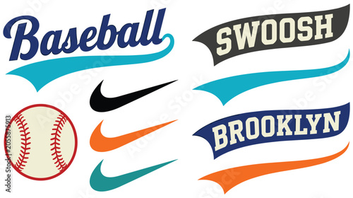 Baseball swash tails, swoosh, and brooklyn elements set.