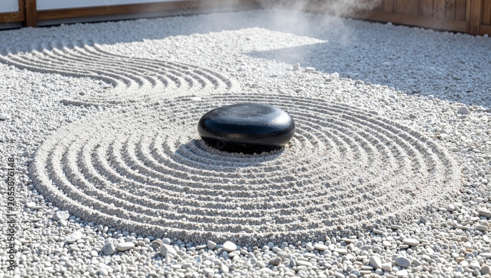 Naklejka premium Zen Garden with Raked Gravel Patterns and Single Black Stone