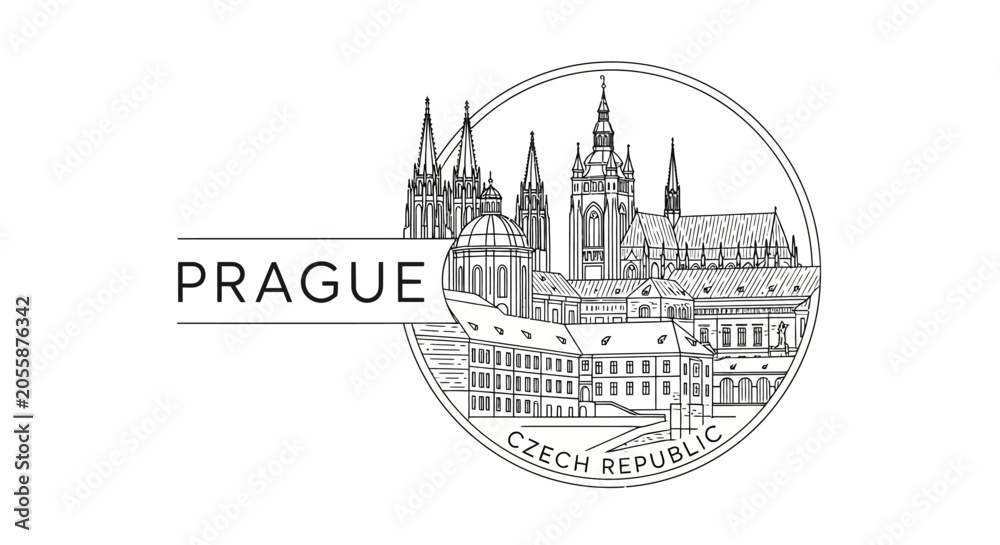 Fototapeta premium Prague Castle and Old Town Landmark Skyline - Czech Republic Line Art