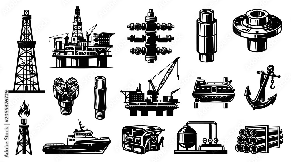 Obraz premium Black and White Vector Icons of Oil and Gas Industry Equipment and Machinery