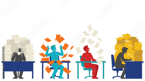 Stressed office workers buried in paper, colorful illustration.