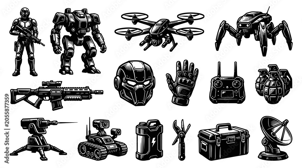Obraz premium Futuristic Military Technology Vector Icons: Soldier, Robot, Drone, Spider Bot