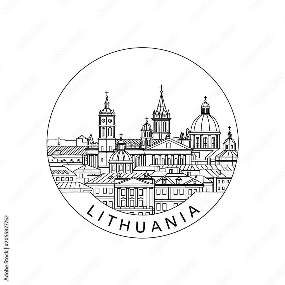Fototapeta premium Vilnius Cityscape Skyline Outline Circle Icon - Lithuania Capital Landmark
