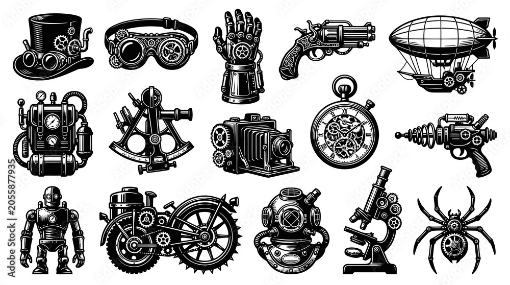 Obraz premium Steampunk Vector Icons: Robot, Blimp, Goggles, Camera, Clock, Spider