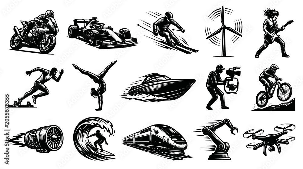 Obraz premium Dynamic Sports, Transport, and Technology Black and White Vector Illustrations Set