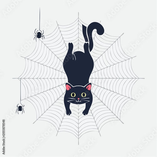 Cute Black Cat Hanging Upside Down on Spider Web with Spiders