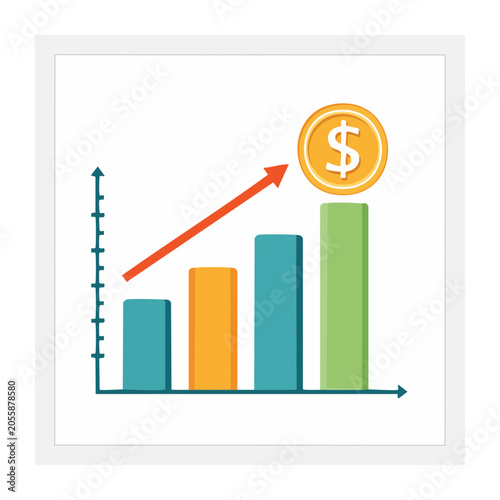 Flat design bar chart with upward arrow and money bag
