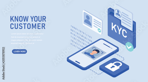 Digital Know Your Customer (KYC) Concept with Mobile Phone, Security Icons, and User Profiles in Isometric Design