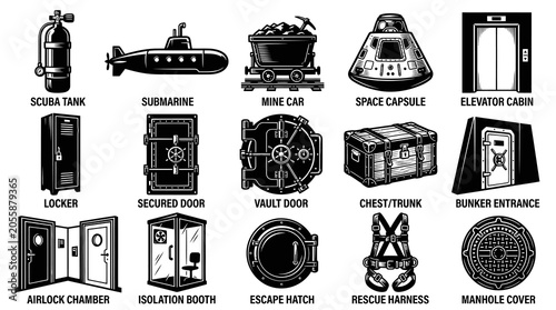 Black and White Line Art Icons: Scuba Tank, Submarine, Locker, Vault Door, Air Lock, Space Capsule, Bunker, etc.