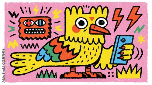 Crazy colorful bird with phone cartoon illustration character
