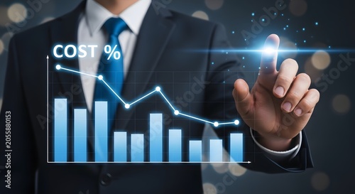 Cost reduction analysis businessman interacting with declining cost chart