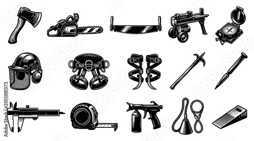 Black and White Illustration of Various Tools for Construction and Forestry