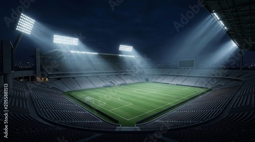 Aerial view of empty soccer stadium illuminated by bright spotlights