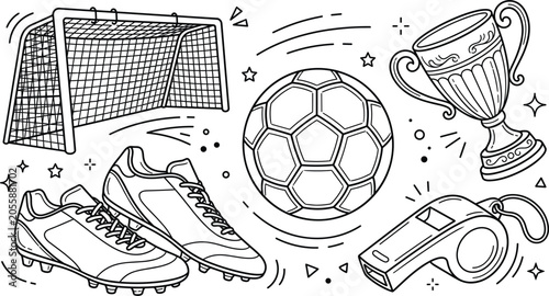 Photos Soccer football equipment outline vector illustration doodle set with ball goal