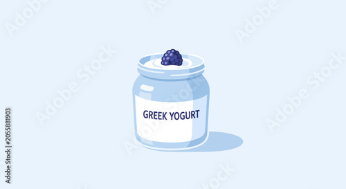 Small Glass Jar of Greek Yogurt with a Single Blueberry on Top.