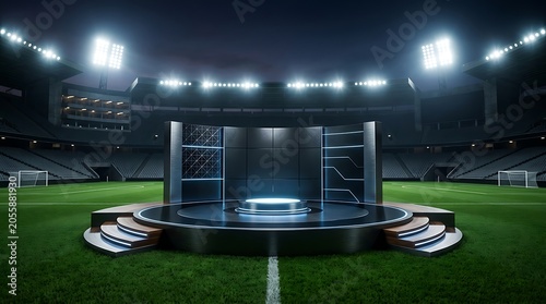 Modern stage platform in the center of a professional soccer stadium