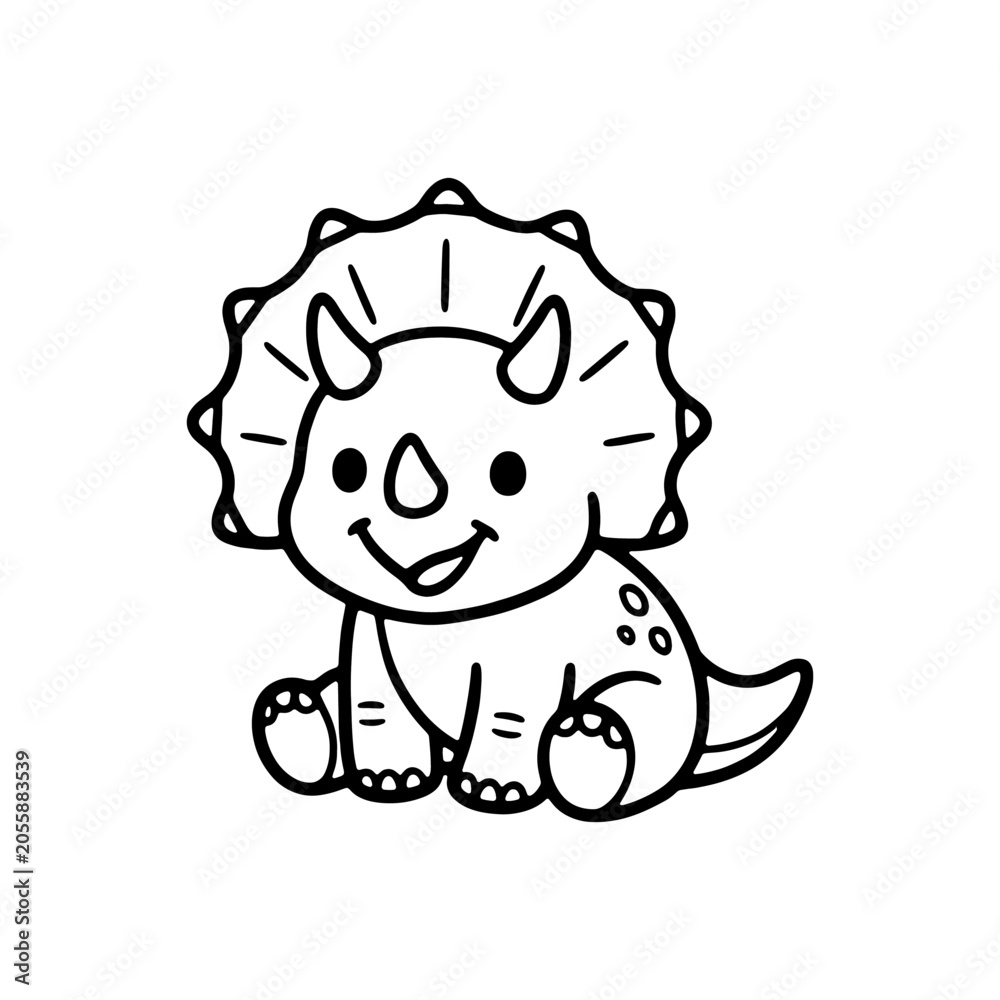 Fototapeta premium Cute triceratops dinosaur coloring page. Black and white outline of sitting baby horned dinosaur for kids coloring book, preschool worksheets, and KDP interior.