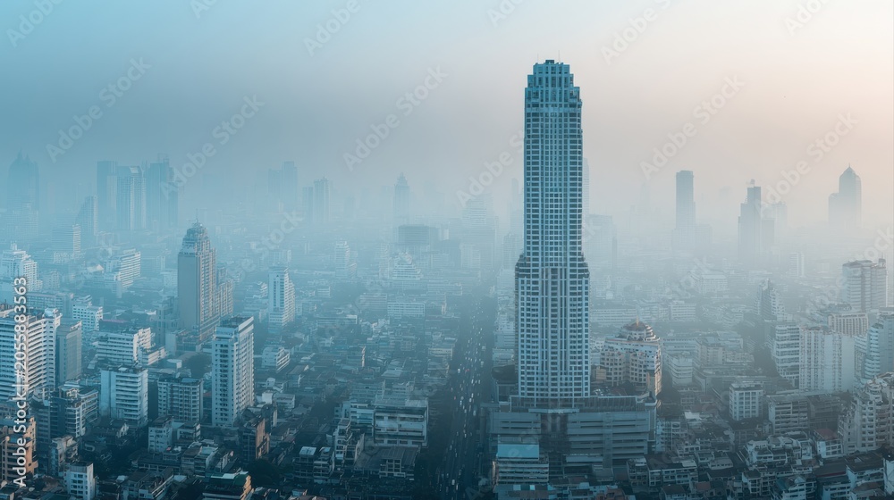 Obraz premium Beautiful downtown skyscraper in Bangkok city with smog and very poor air quality. High risk of PM 2.5 air pollution which unhealthy and serious health effects