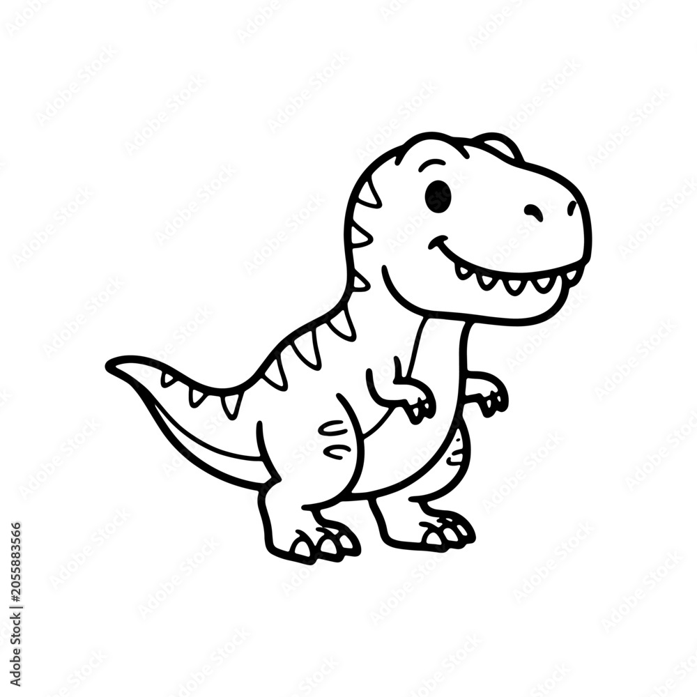 Fototapeta premium Cute T-Rex dinosaur coloring page. Black and white outline of happy baby Tyrannosaurus Rex for kids coloring book, prehistoric activities, and KDP interior.