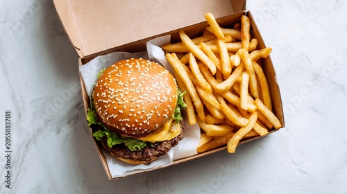 Gourmet beef burger and crispy french fries in delivery box on white marble background