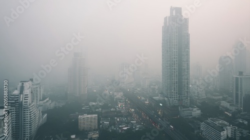 Beautiful downtown skyscraper in Bangkok city with smog and very poor air quality. High risk of PM 2.5 air pollution which unhealthy and serious health effects