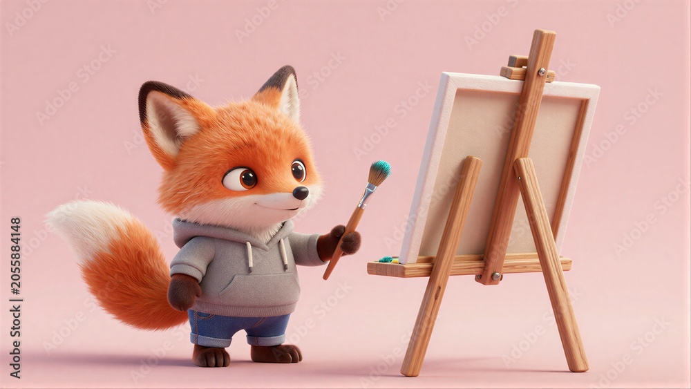 Fototapeta premium Adorable fox artist holds brush, ready to paint on easel against soft pink backdrop.