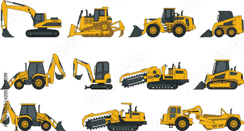 Cuadro en lienzo Construction heavy machinery equipment set including excavator bulldozer wheel l