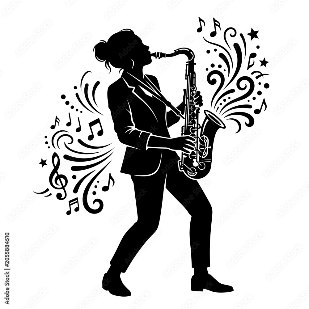 Obraz premium Silhouette of woman playing saxophone with musical notes and swirls