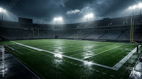 Empty American football stadium field under heavy rain at night