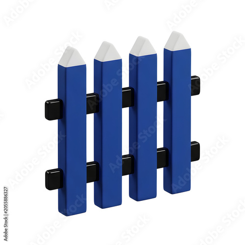 Stylized blue picket fence with white caps on a white background
