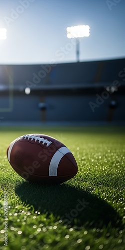 American football ball on grass field in a large stadium at day