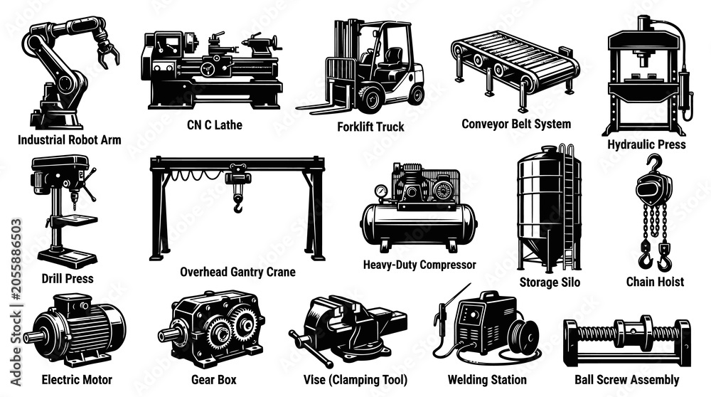 Obraz premium Industrial Manufacturing Machines Equipment Set. Black and White Line Art Icons in Engraving Style.