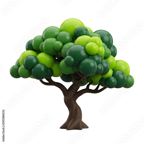 Stylized cartoon tree with green spherical leaves on white background