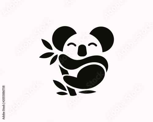 Photography happy simple black silhouette koala climb bamboo logo design template illustrati