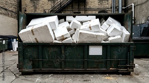 Large green dumpster filled with white styrofoam waste in alleyway