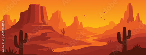 Vector illustration of  multi Layerd Red Rock Canyon Wild West Landscape Vistas with Saguaro Cactus and River Stream