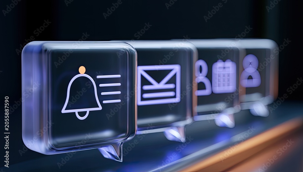 Fototapeta premium Row of transparent notification icons, bell, envelope, calendar, people