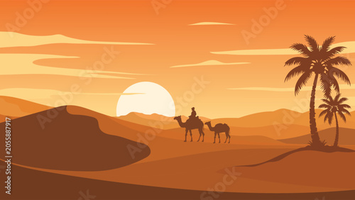 Vector illustration of  Warm Orange Desert Sunset Scene featuring Detailed Camels Caravan and Palm Trees Groups