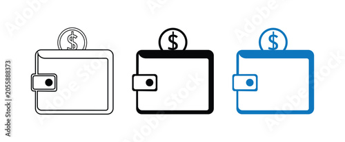 Quadro em tela Digital wallet icons collection with dollar coin insertion in outline black and blue versions representing online payment systems electronic banking and financial savings management for commerce