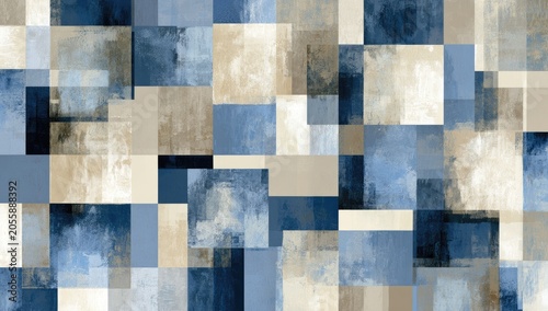 Abstract mosaic of overlapping geometric shapes in blues, creams, and grays