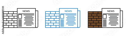 Foto Newspaper icon with brick wall background representing fake news media censorship paywall or journal distribution set in line blue and color versions for communication and press information